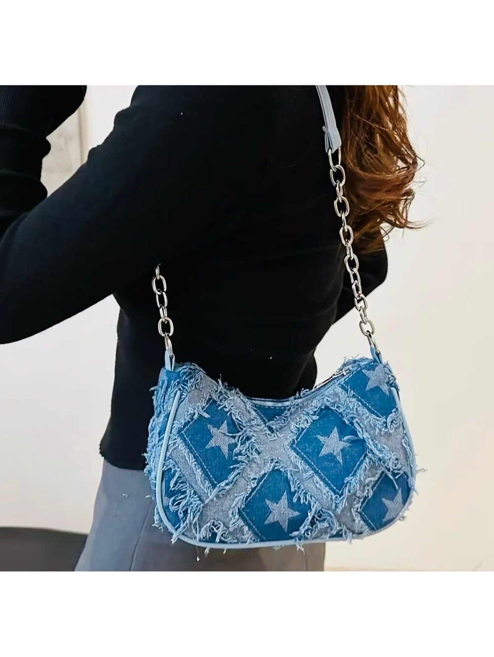 New - Trendy - Star Design Distressed Light Denim Style Shoulder /Crossbody Bag